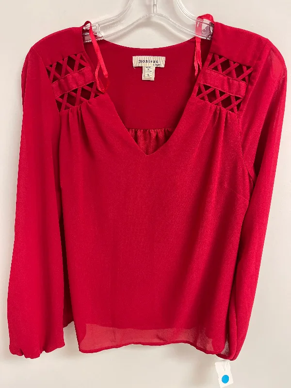 Women's Blouse with Keyhole CollarTop Long Sleeve By Monteau In Red, Size: L