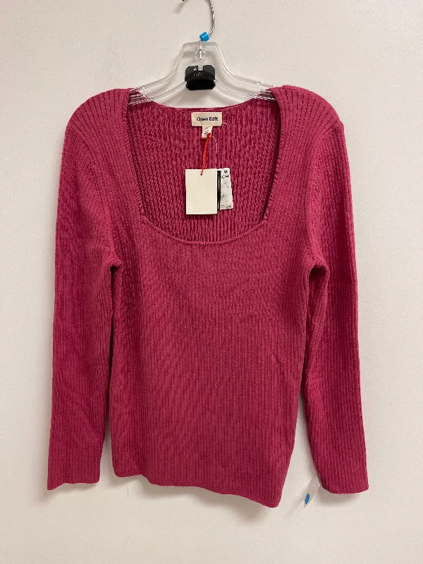 Women's Blouse with Shirt CollarTop Long Sleeve By Open Edit In Pink, Size: Xl