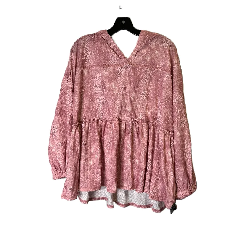 Women's Blouse with Asymmetrical HemTop Long Sleeve By Peach Love Cream California In Pink, Size: M