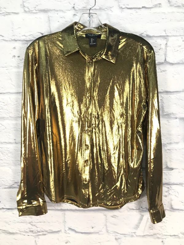 Women's Blouse with High CollarTop Long Sleeve By Rachel Zoe In Gold, Size: L