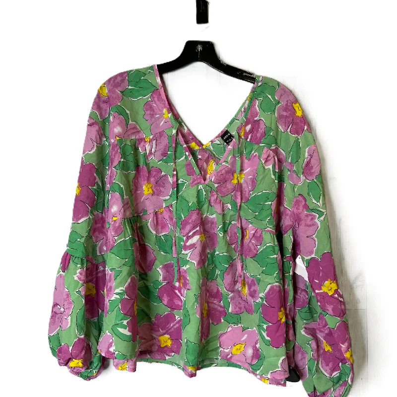 Women's Blouse with V-Shaped CollarTop Long Sleeve By Shein In Floral Print, Size: L