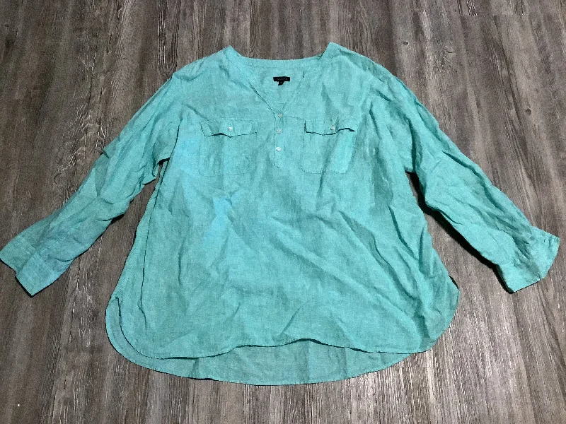 Women's Blouse with Square CollarTop Long Sleeve By Talbots In Green, Size: 2x