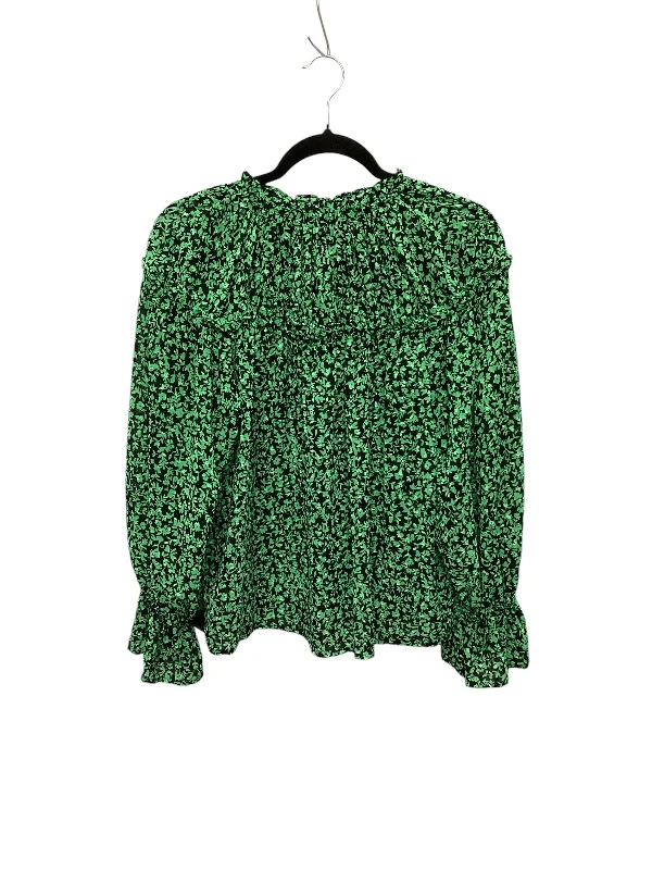 Women's Blouse with Rounded CollarTop Long Sleeve By Who What Wear In Black & Green, Size: S