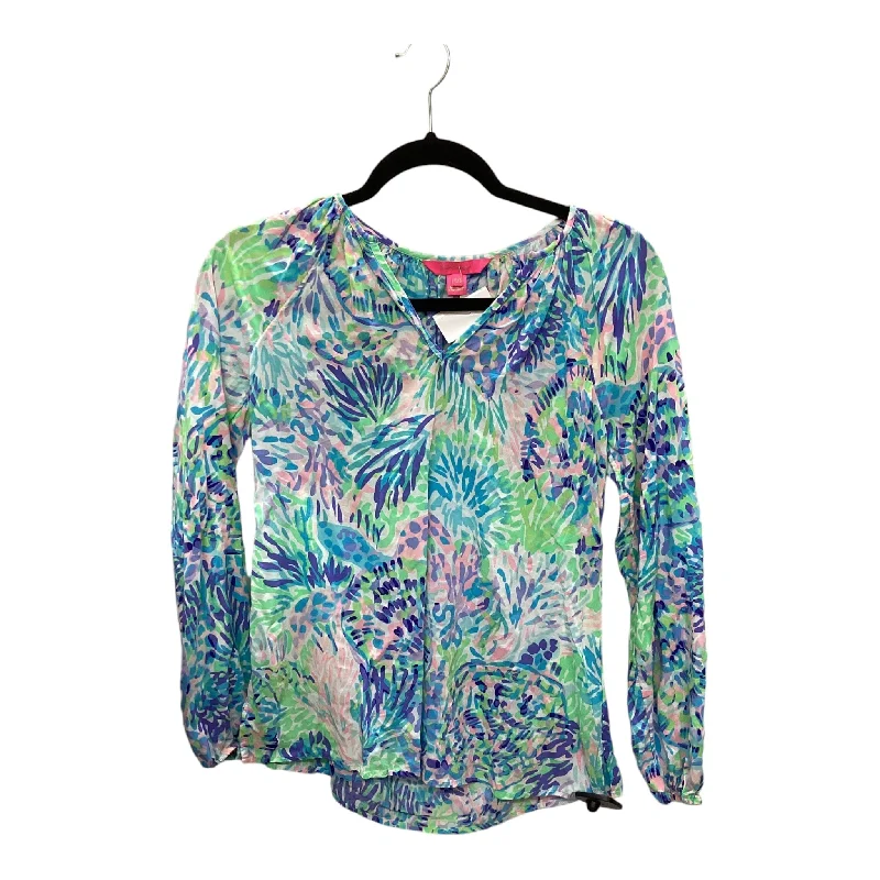 Women's Short-Sleeve BlouseTop Long Sleeve Designer By Lilly Pulitzer In Blue & Green, Size: Xxs